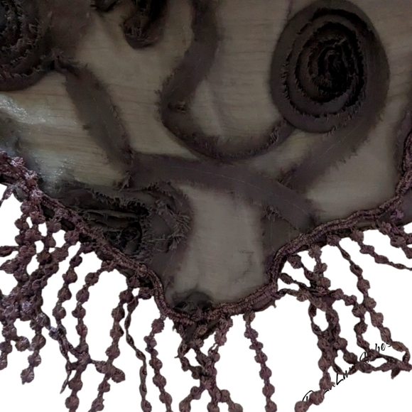 Delicate, Vintage, Fringe Shoulder Shawl, Brown with Floral Appliques. Like New - Picture 6 of 6